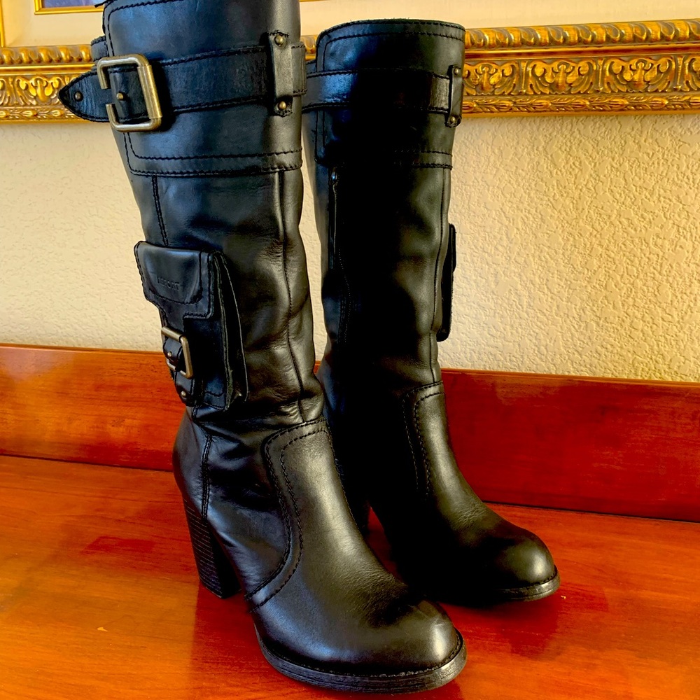 Leather boots high-heeled wide calf rounded toe